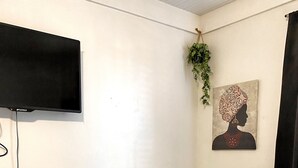 A compact room with a white refrigerator, a flat-screen TV mounted on the wall, a small potted plant, and a framed artwork. - Bella's Boutique Hotel (Hemingway)
