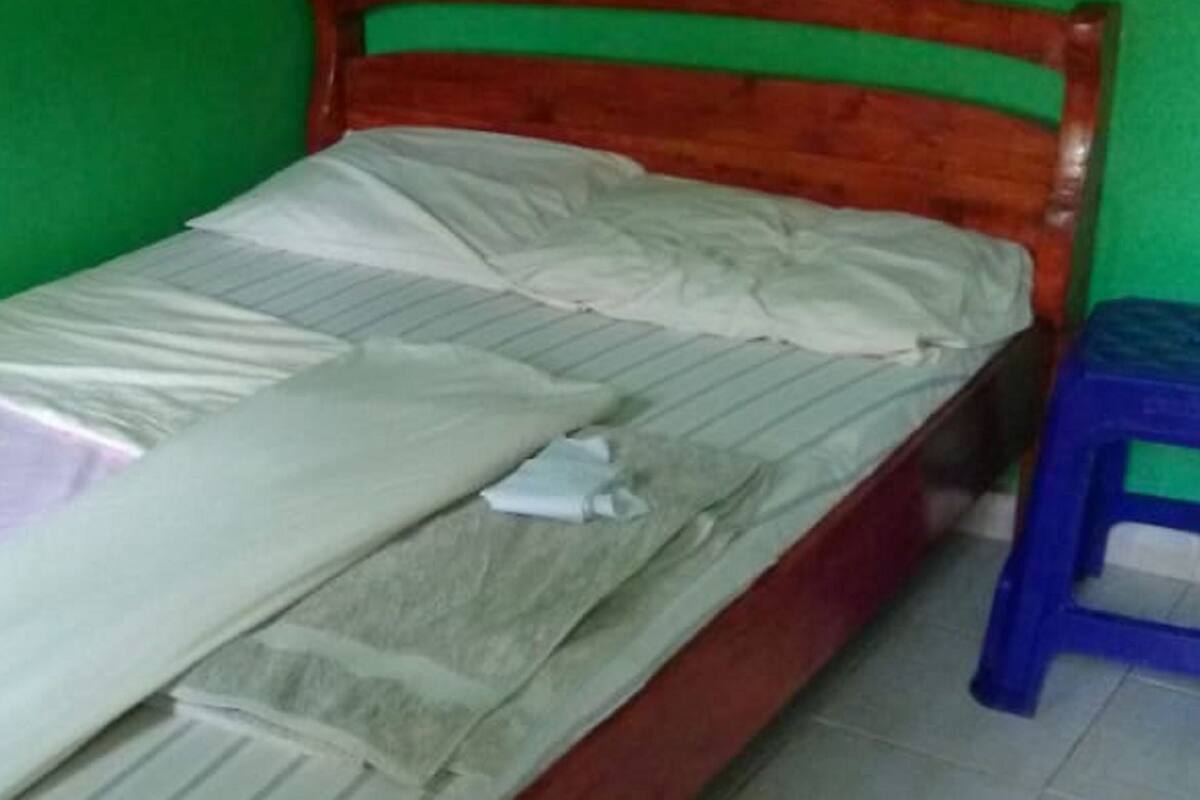 A single bed with a wooden headboard in a room with green walls.