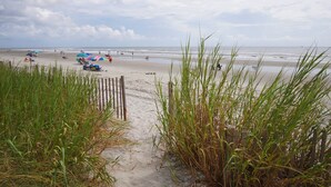 A beach with sand, grass, and a wooden fence. - This view! You'll love this roomy oceanfront condo rental w/pool, sundeck in popular North Myrtle (North Myrtle Beach)