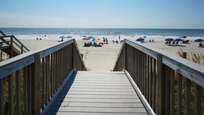 A wooden boardwalk leading to a beach with umbrellas and people. - Enjoy direct access to your private oceanfront balcony (North Myrtle Beach)