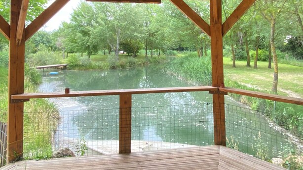 A wooden deck with a view of a pond and trees. - Chalet du Moulin des fontaines near the Pont du Gard (Saint-Paul-les-Fonts)