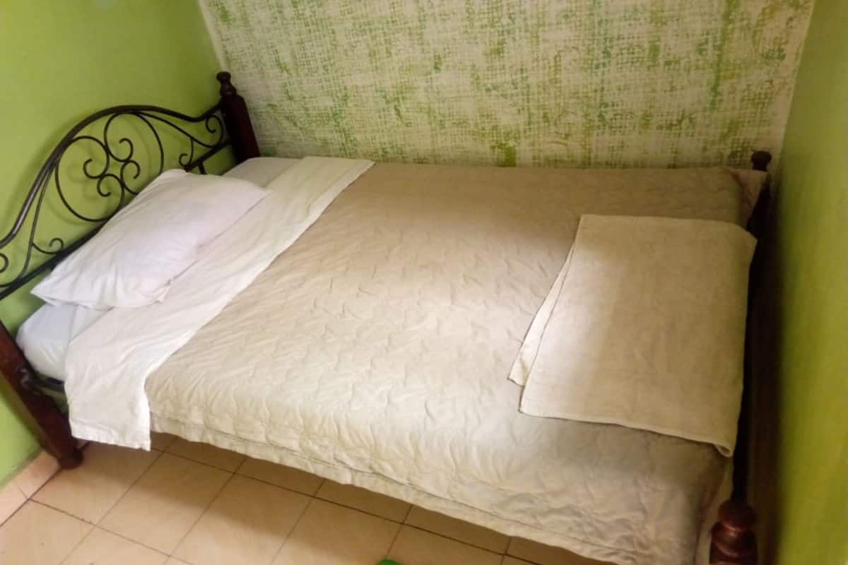 Una cama individual con estructura de madera, colchón blanco y cortina con estampado verde y blanco.