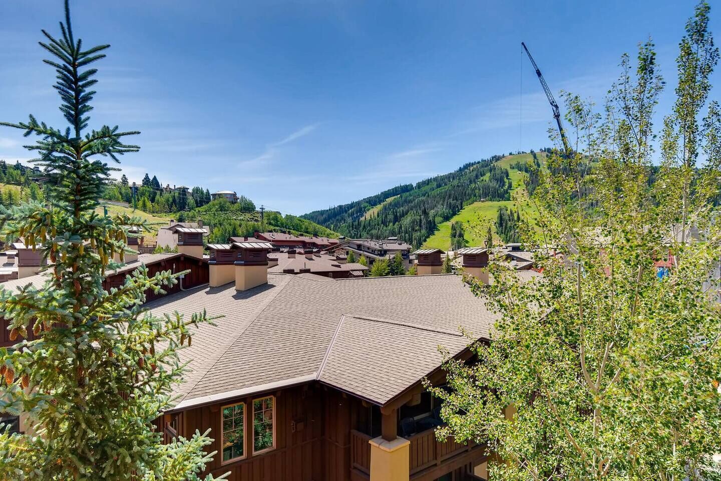 A residential area with multiple houses, each featuring a sloped roof and wooden exteriors.