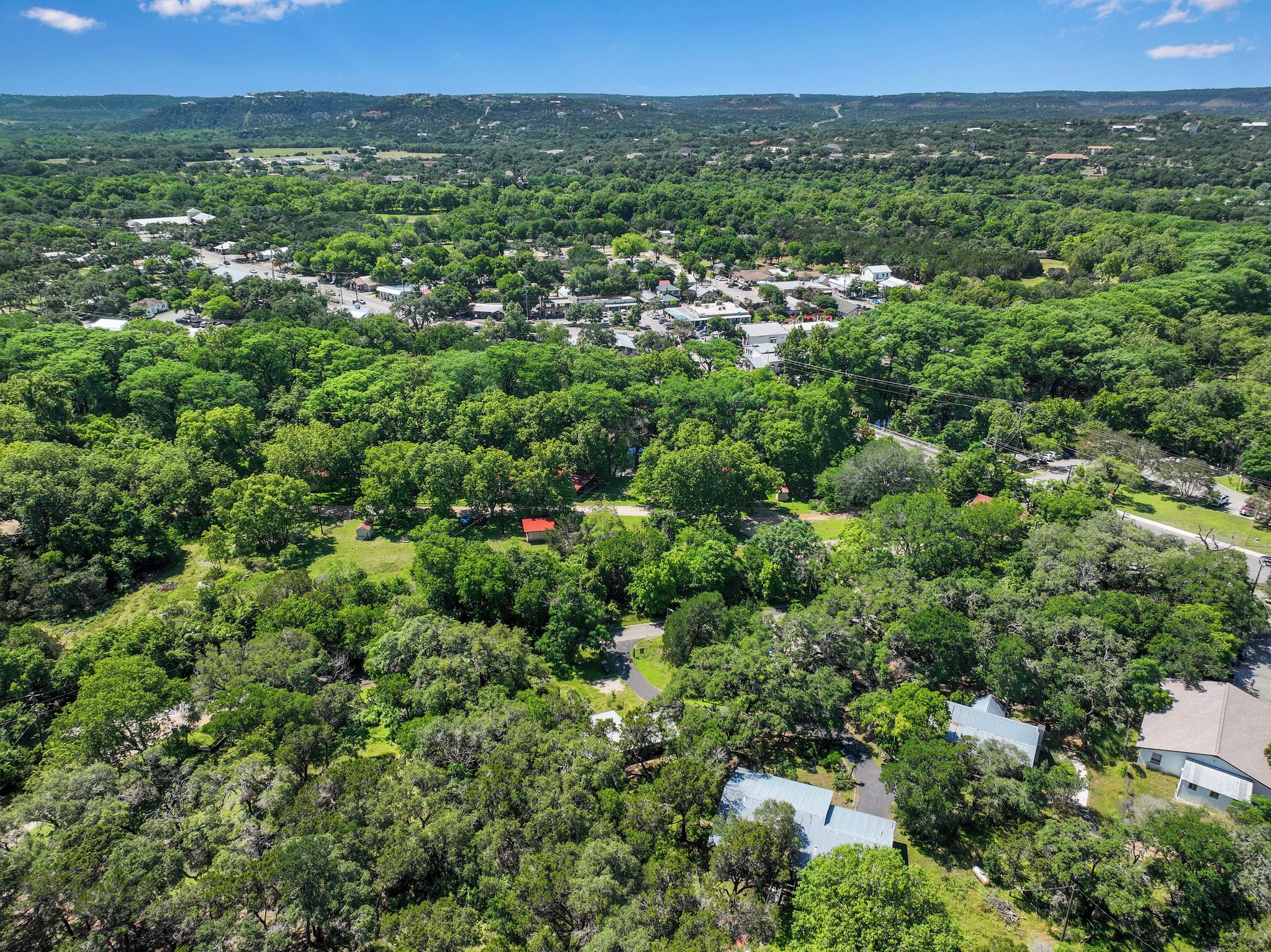A residential area with houses surrounded by dense greenery.