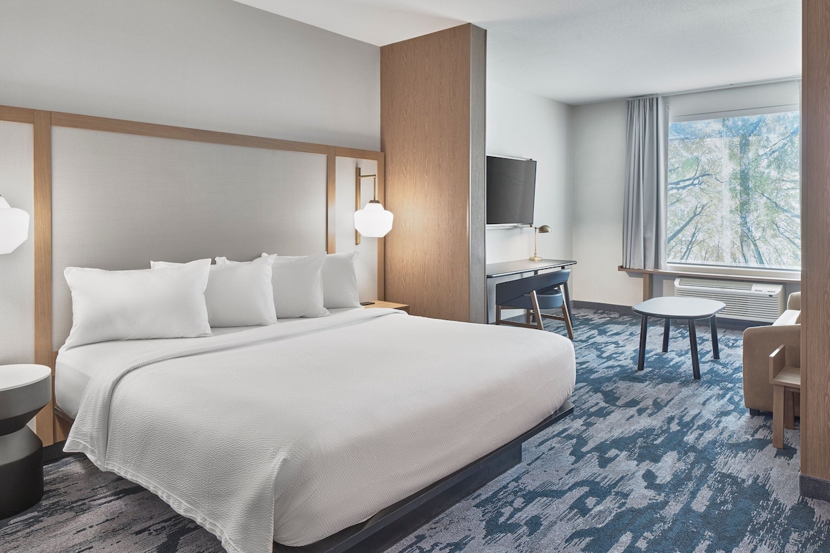 Habitación de hotel con una cama grande, un escritorio, una silla y un televisor.