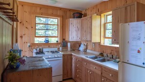 A wooden cabin kitchen with a stove, sink, cabinets, and a refrigerator.