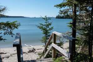 On the beach, sun loungers