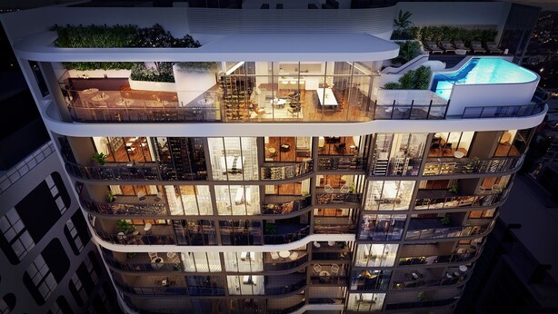 A multi-story hotel with a rooftop pool, balconies with outdoor seating, and a mix of indoor and outdoor dining areas. - Lucid Living Brisbane (South Brisbane)