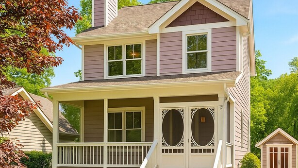 A two-story house with a front porch, a chimney, and a small attached garage.
