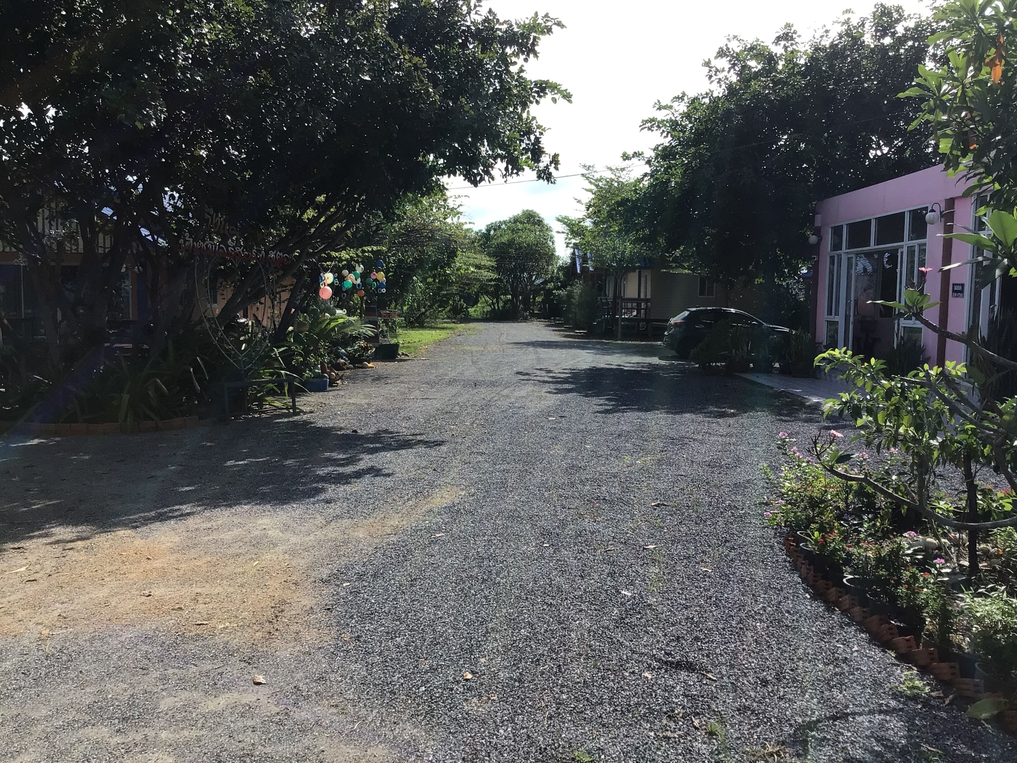 Un camino de grava que lleva a un edificio de color rosa, rodeado de árboles y follaje.