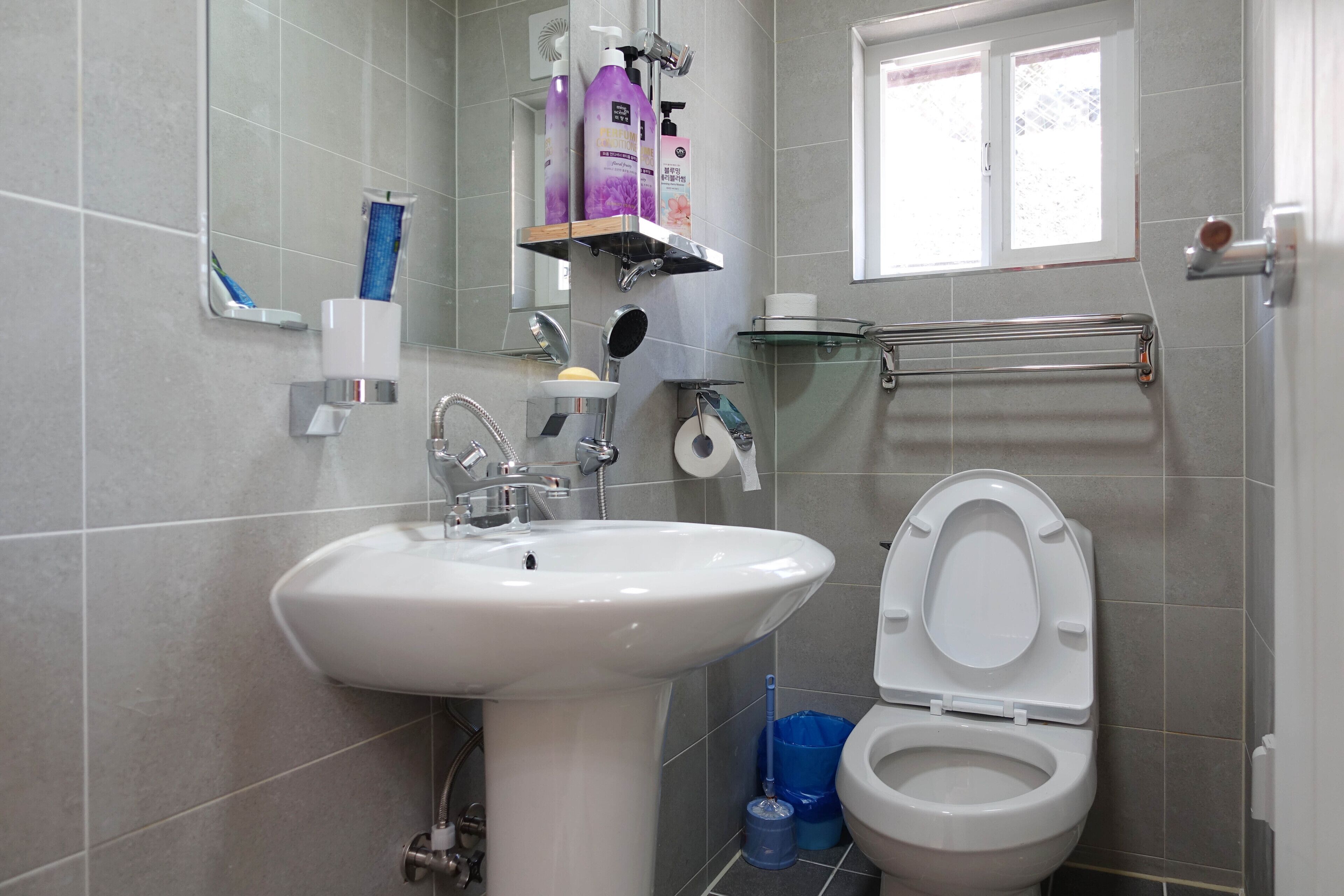 A bathroom with a white sink, a toilet, a mirror, and a window.