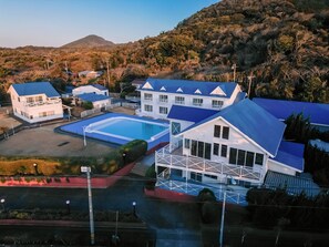 A residential area with a swimming pool, a large house with a blue roof, and a hill in the background. - Hotel Kailani (Oshima)