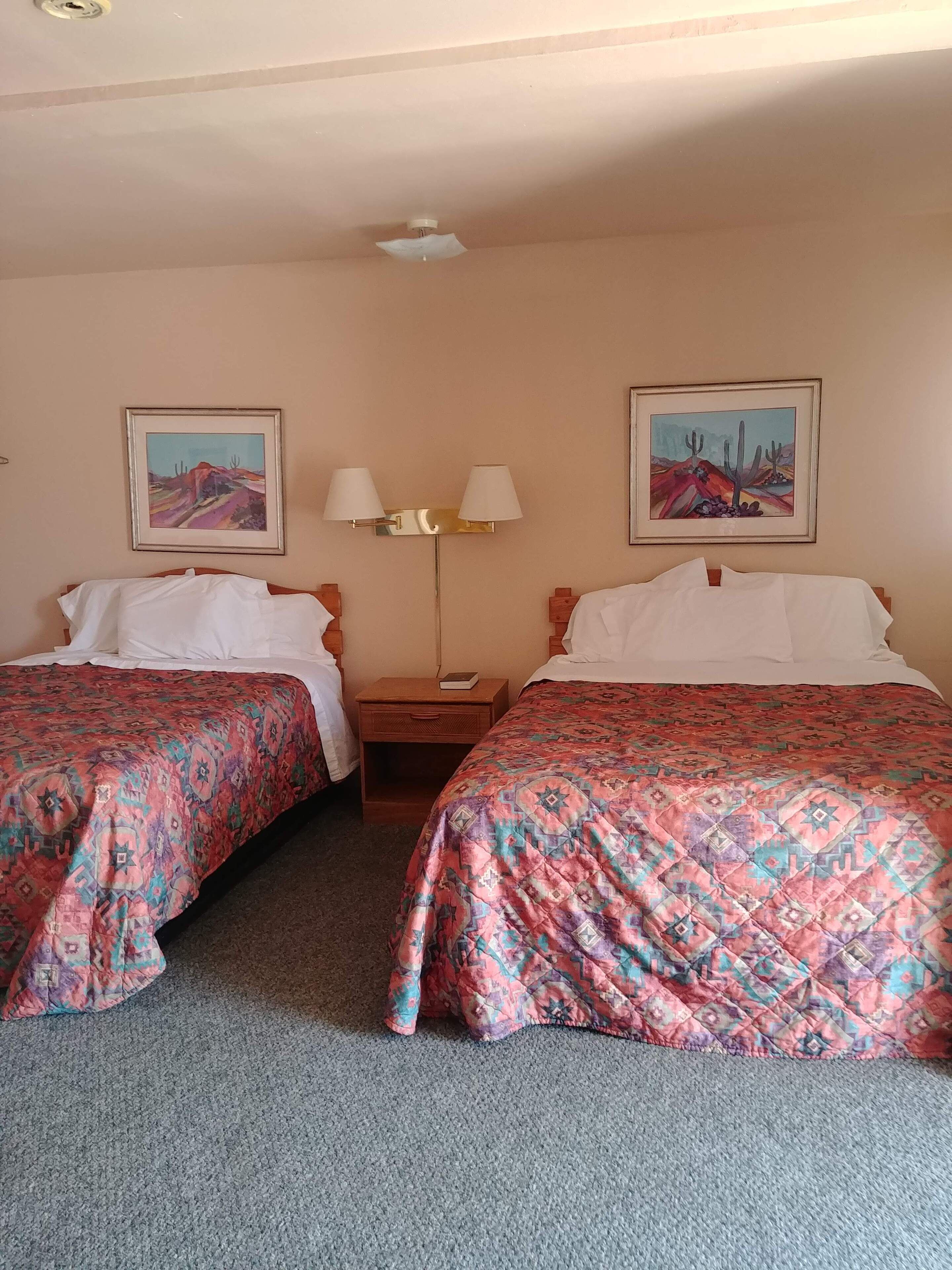 Een hotelkamer met twee bedden, elk voorzien van beddengoed met een patroon, een nachtkastje met een lamp, en twee ingelijste schilderijen aan de muur.