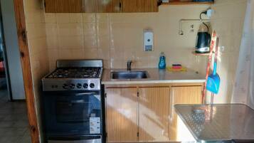 Fridge, microwave, oven, cookware/dishes/utensils