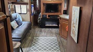 Smart TV, fireplace, DVD player, books