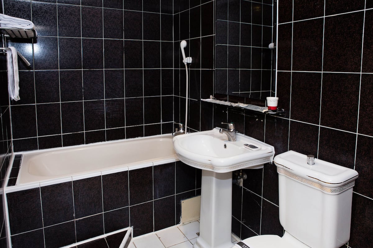 combined shower/bathtub, free toiletries, slippers, towels