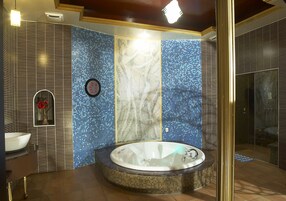 獨立浴缸和淋浴設備、按摩浴缸、吹風機、毛巾