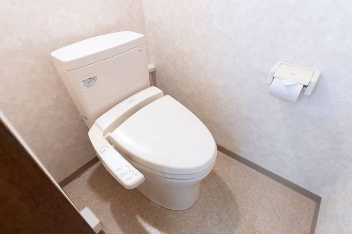 Un inodoro con panel de control, dispensador de papel higiénico y botón de descarga en la pared.