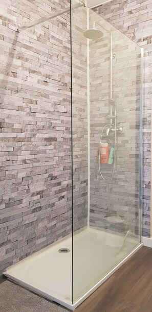 Shower, hair dryer, towels, shampoo