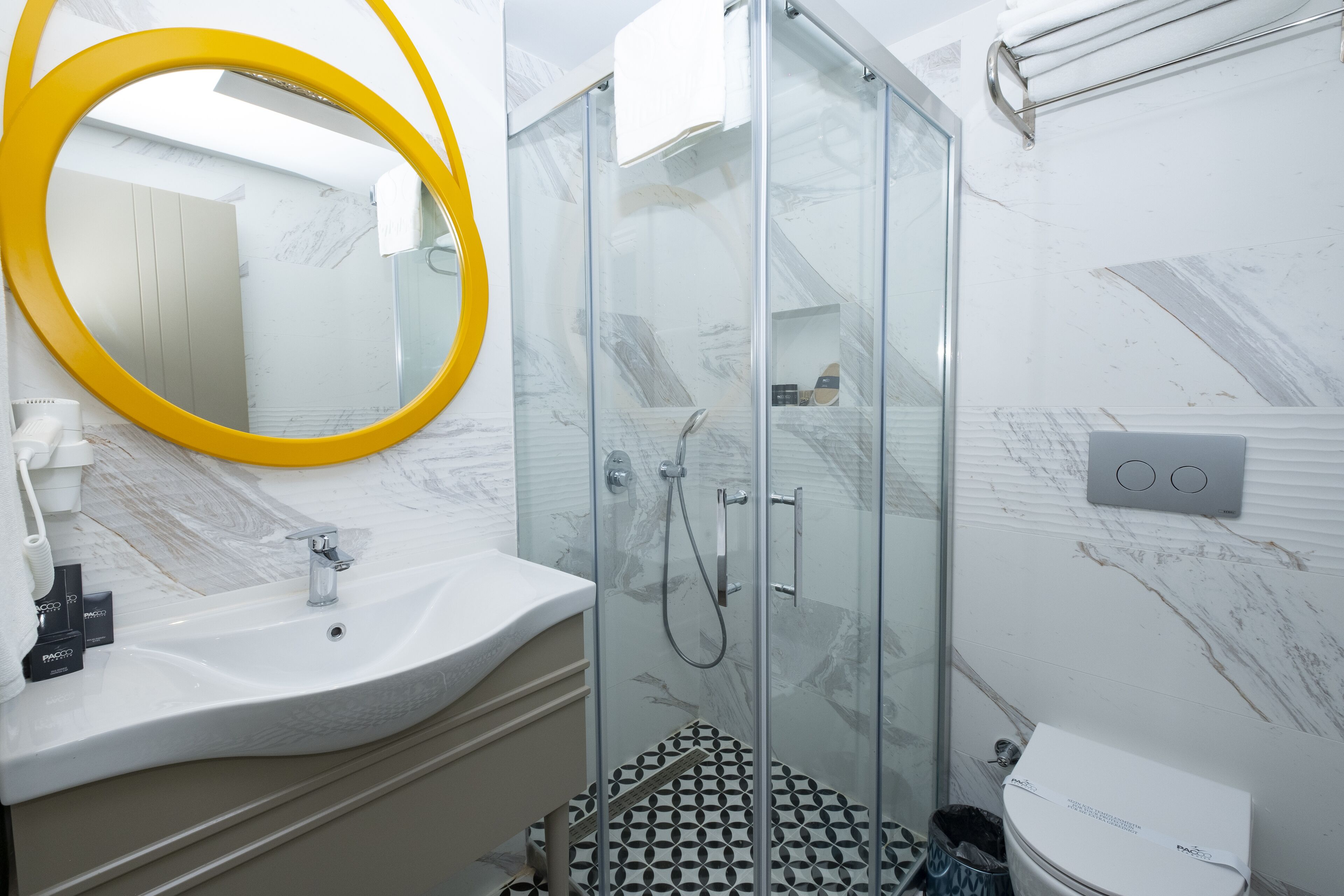 free toiletries, hair dryer, slippers, towels