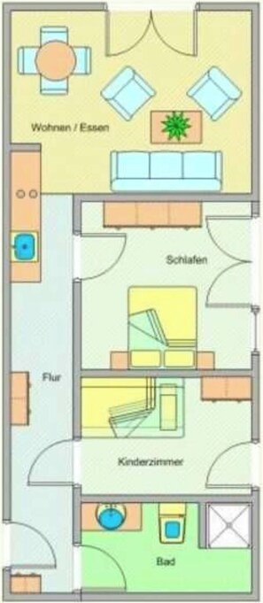 Plano de planta que muestra una sala de estar, cocina, baño y habitación infantil.