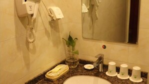 A bathroom with a sink, a mirror, a hairdryer, and a telephone.