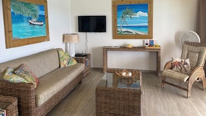 Un salon comprenant un canapé, des meubles en osier, un téléviseur et deux tableaux encadrés représentant des scènes tropicales.