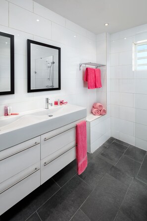 Shower, towels, toilet paper