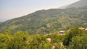 Un paysage montagneux, caractérisé par une végétation luxuriante et des bâtiments dispersés.