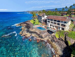 Une propriété située sur la côte, dotée d’une grande maison, d’une piscine et offrant une vue sur l’océan.