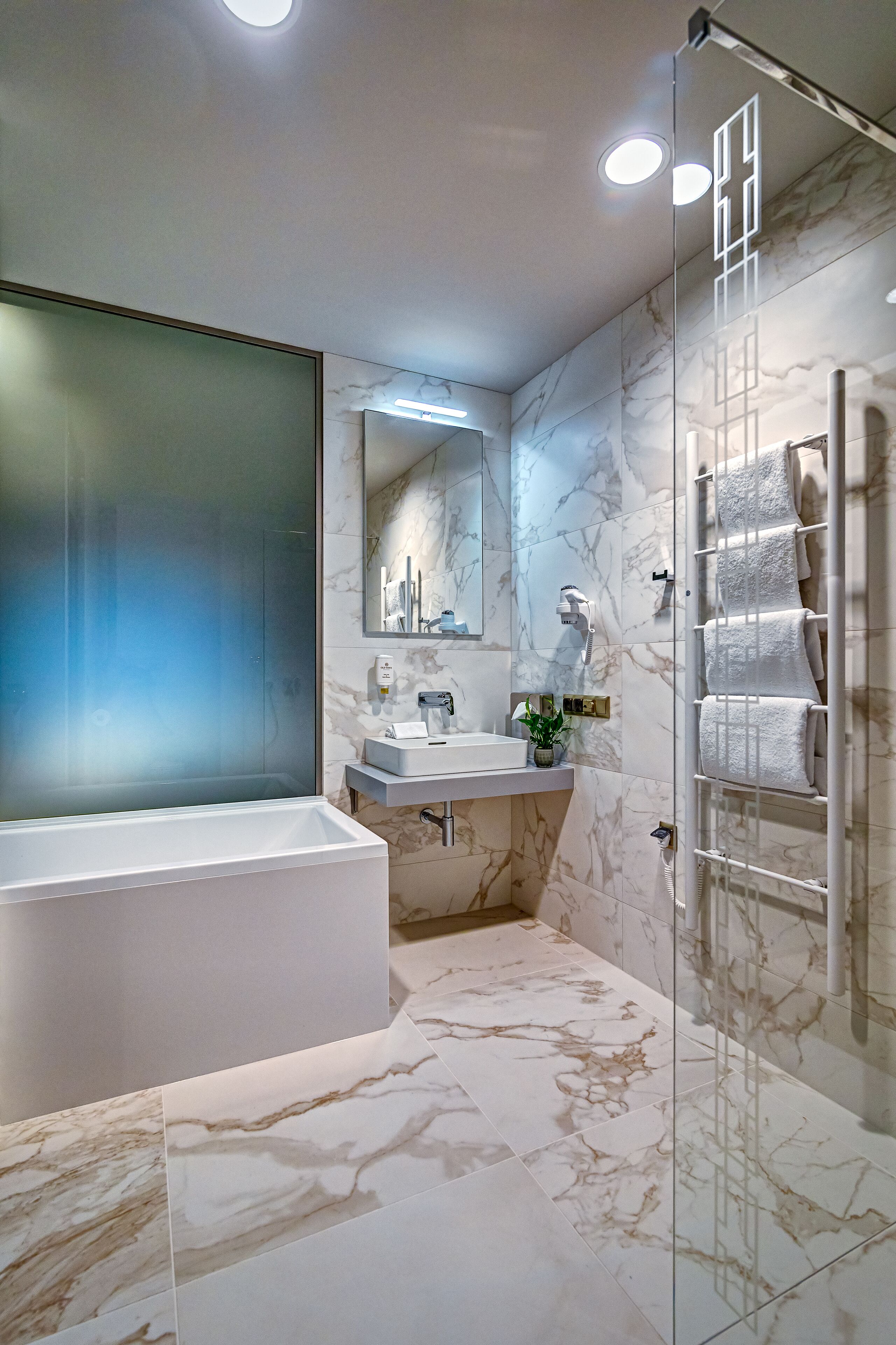 hair dryer, towels, soap, shampoo