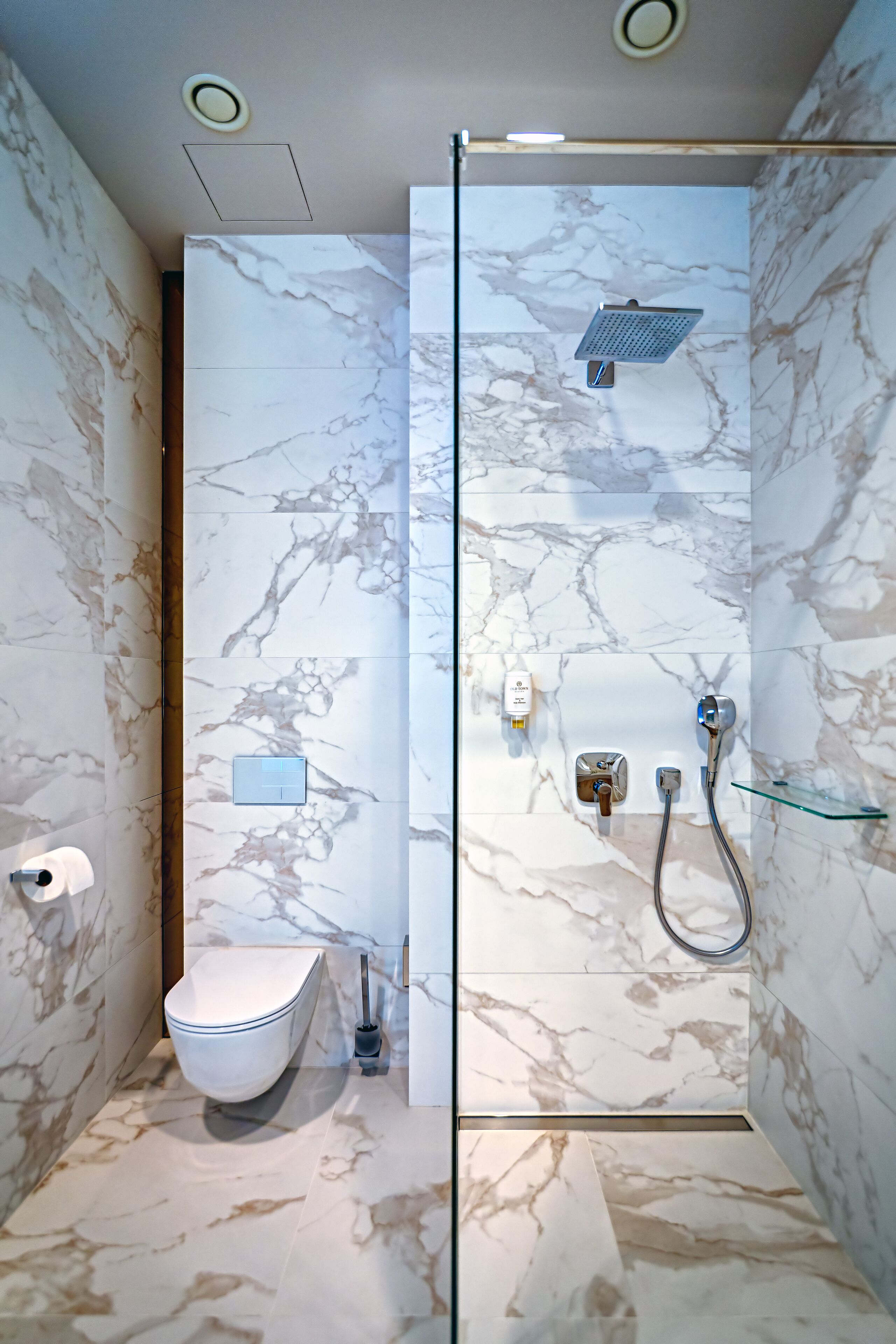 hair dryer, towels, soap, shampoo