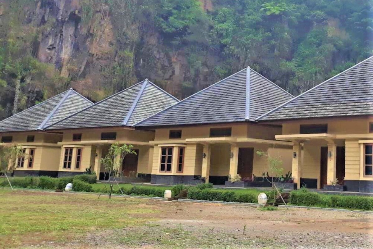 A row of buildings with pitched roofs and a mountainous backdrop.