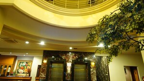 A lobby with two elevators, a reception desk, a large potted plant, and a staircase. - Tematik Hotel Pluit (Jakarta)