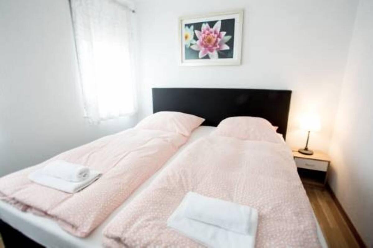A double bed with pink bedding and a white towel, a nightstand with a lamp, and a framed picture on the wall.