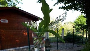 A wooden sign with the words "CAMPING LE CHENE DU LAC" and a glass vase with white flowers. - Camping Le Chene Du Lac (Bayas)