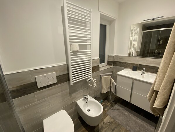 Shower, hair dryer, bidet, towels