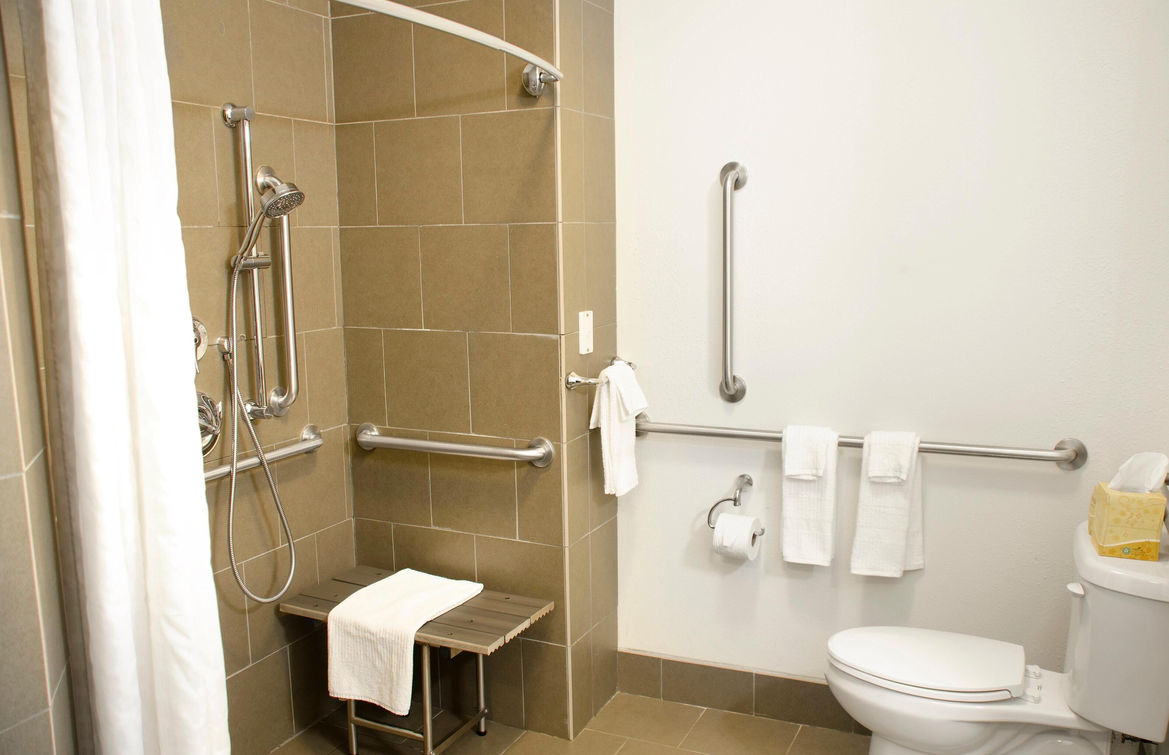 Bagno con doccia, WC e maniglie di sostegno.