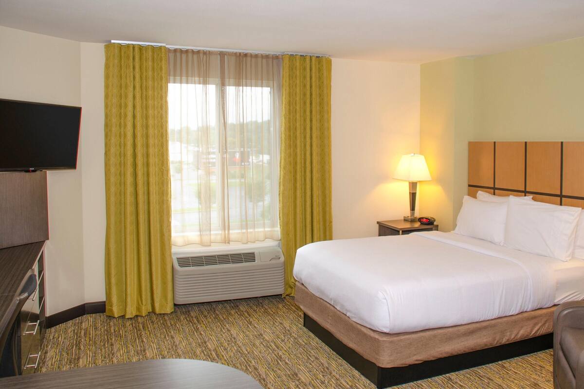 Une chambre d’hôtel équipée d’un lit, d’une télévision, d’un bureau, d’une chaise, d’une lampe et d’une fenêtre avec des rideaux.