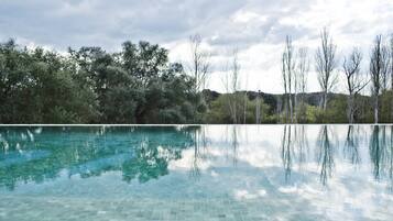 Seasonal outdoor pool, pool umbrellas, pool loungers