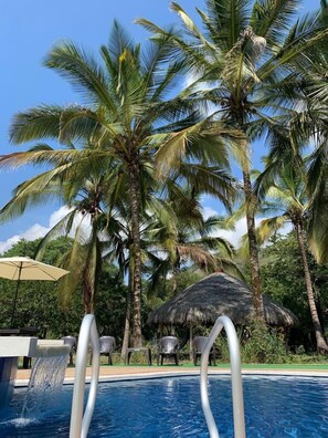 Una piscina con sombrilla de paja y sillas de descanso, rodeada de palmeras.