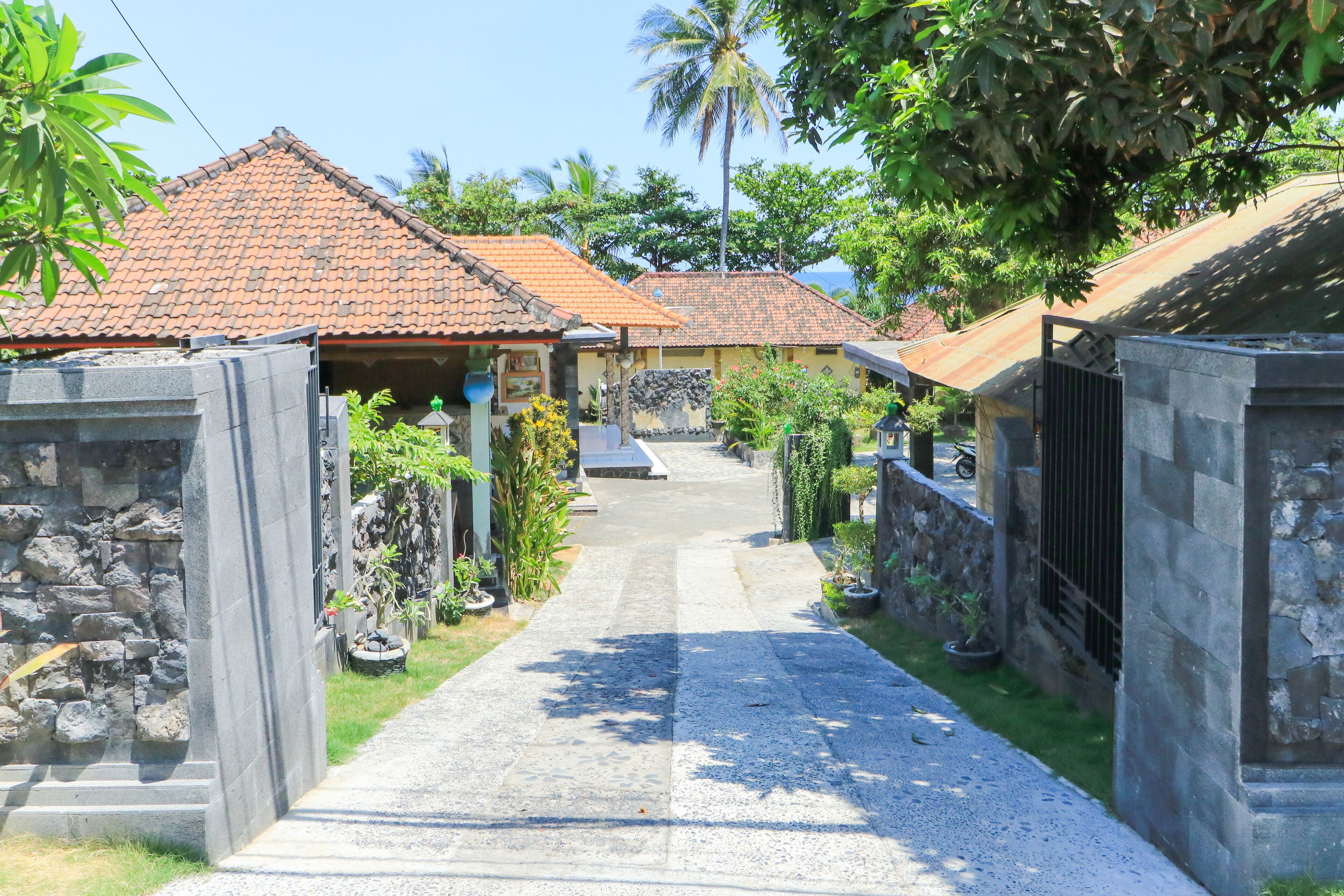 A pathway leading to a building with a tiled roof, surrounded by greenery and palm trees.