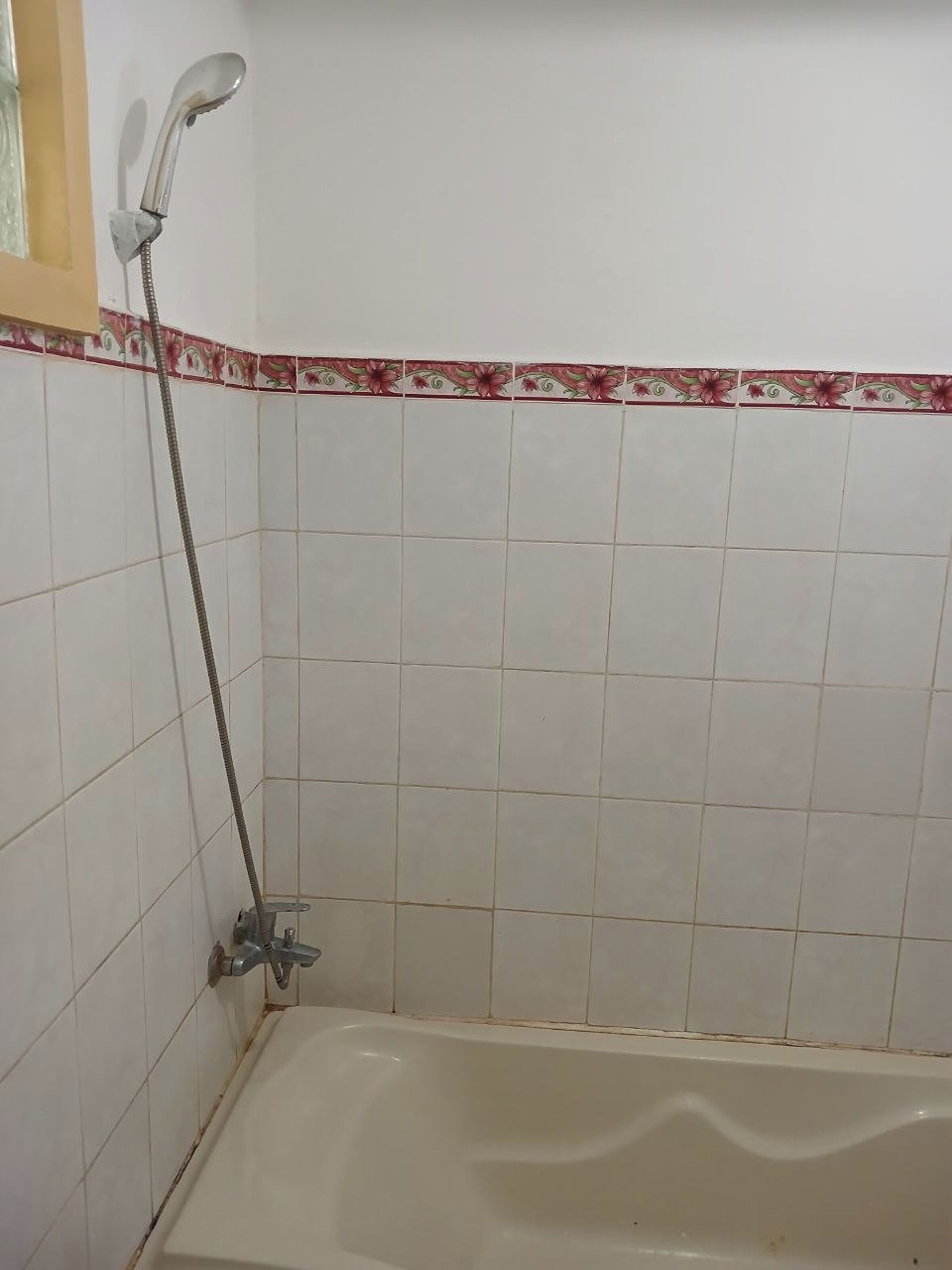 A bathroom with a bathtub, a shower, and a tiled wall with a floral border.