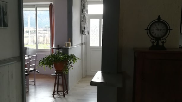 Un pasillo con una planta en maceta, un reloj y vistas de un comedor con sillas y una mesa.