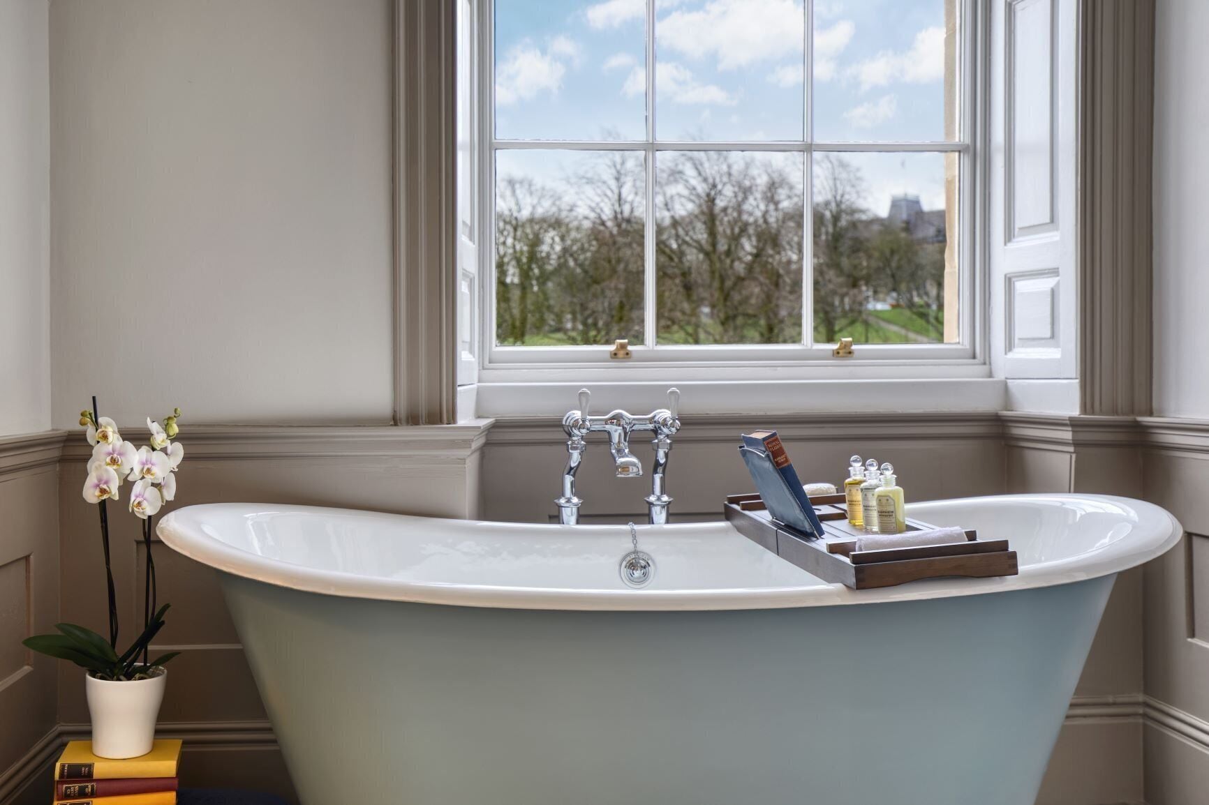 A freestanding bathtub in a bathroom with a window, a potted orchid, and a stack of books.