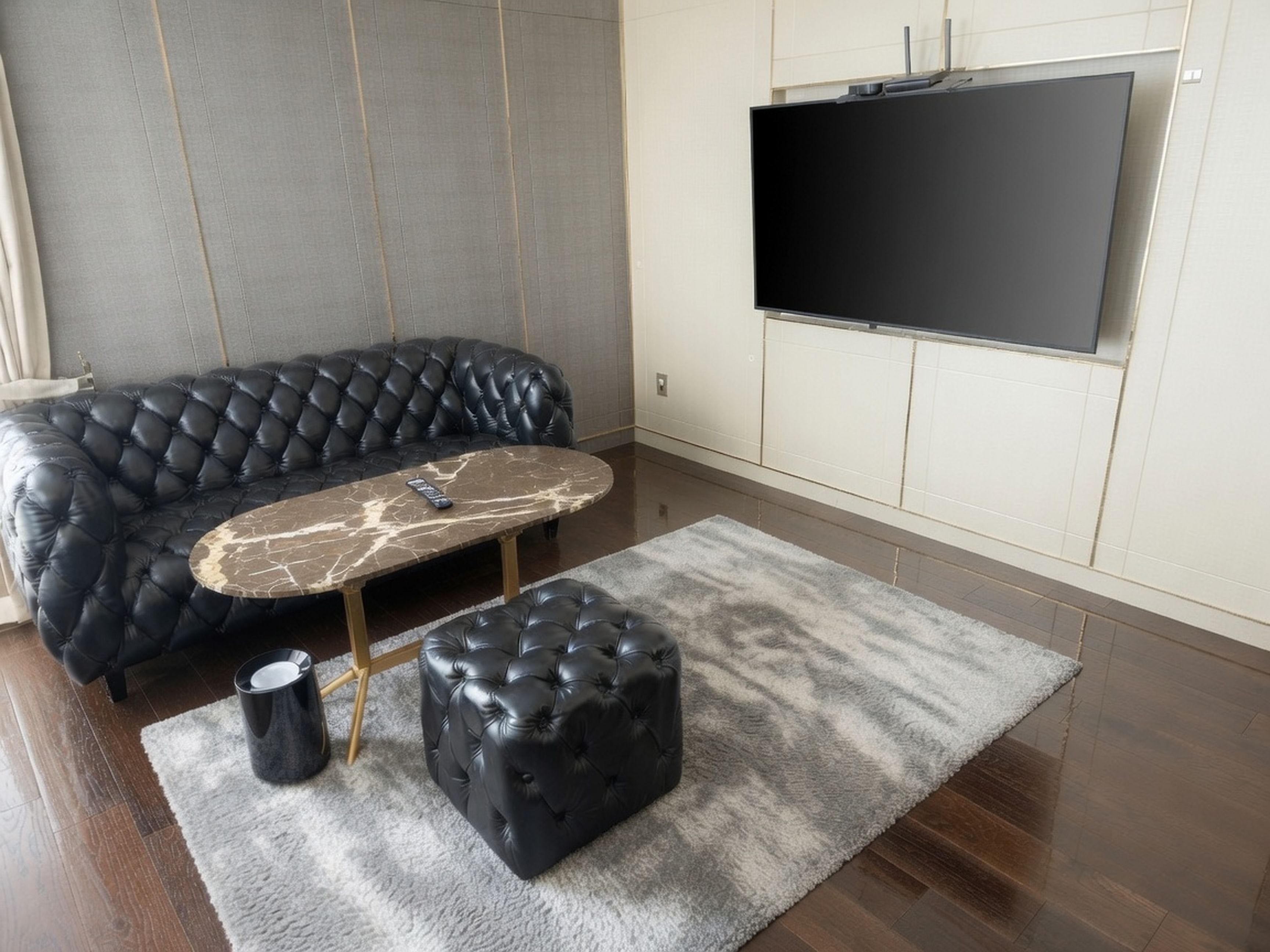 Una sala de estar con un sofá de cuero negro, una mesa de centro de mármol, un reposapiés negro y un televisor de pantalla plana montado en la pared.