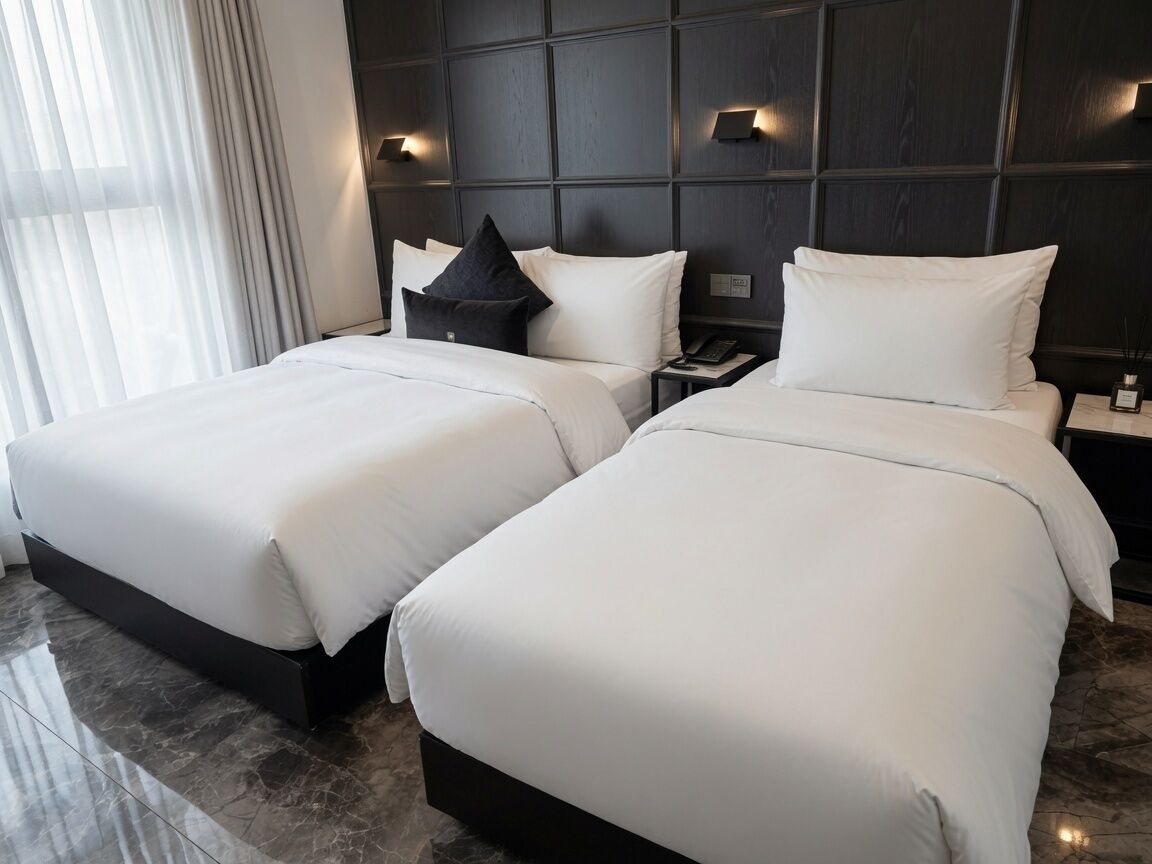 Hypo-allergenic bedding, down duvets, blackout curtains, soundproofing