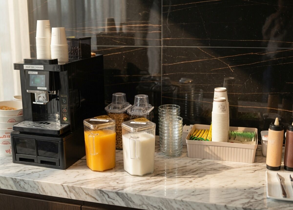 A coffee station with a coffee machine, milk and juice dispensers, and stacked paper cups.