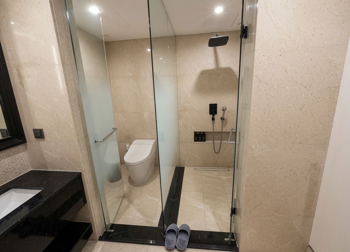 A modern bathroom with a glass-enclosed shower, a toilet, and a black marble sink.