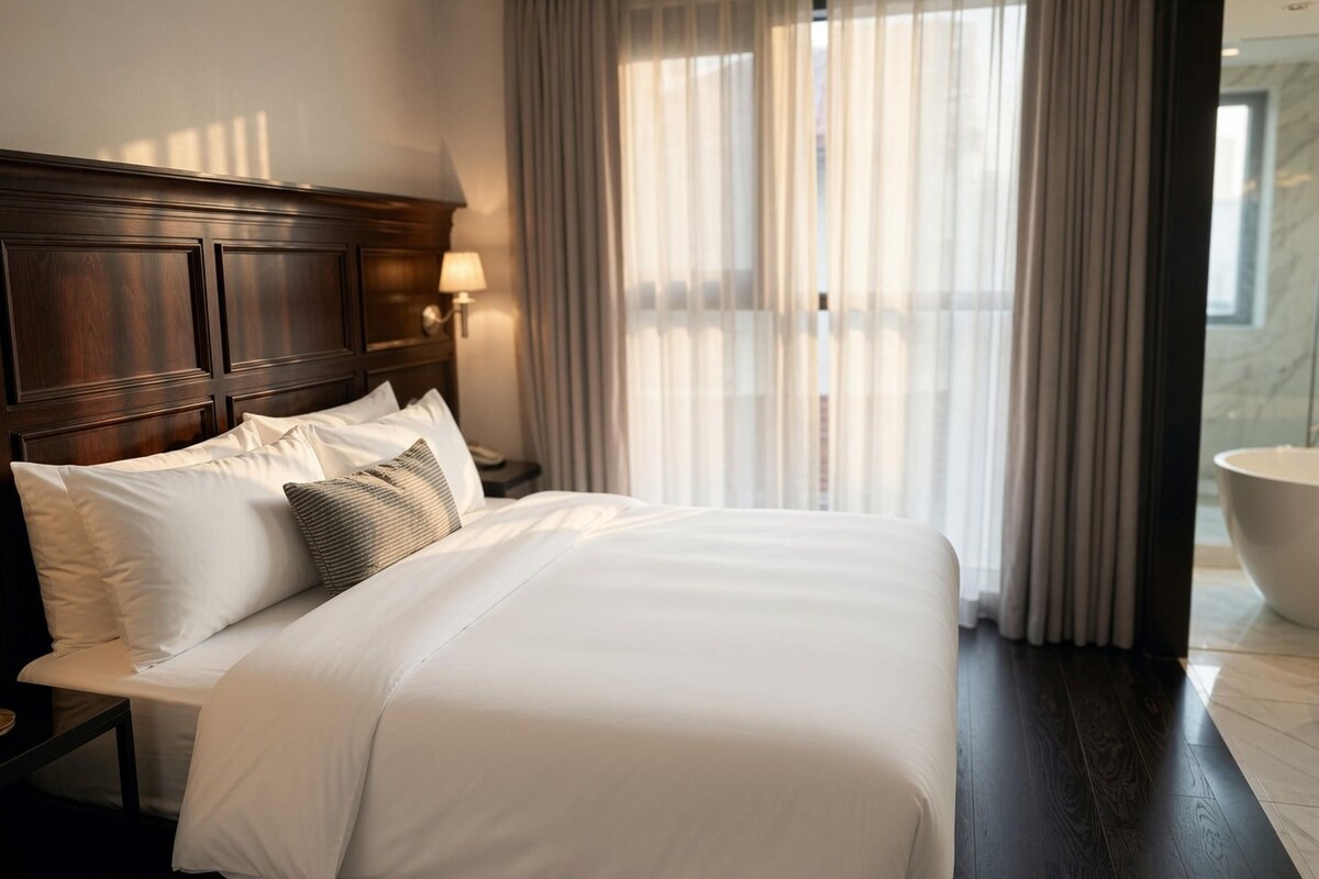 A hotel room with a large bed, a wooden headboard, a bedside lamp, and a view of the outside through sheer curtains.